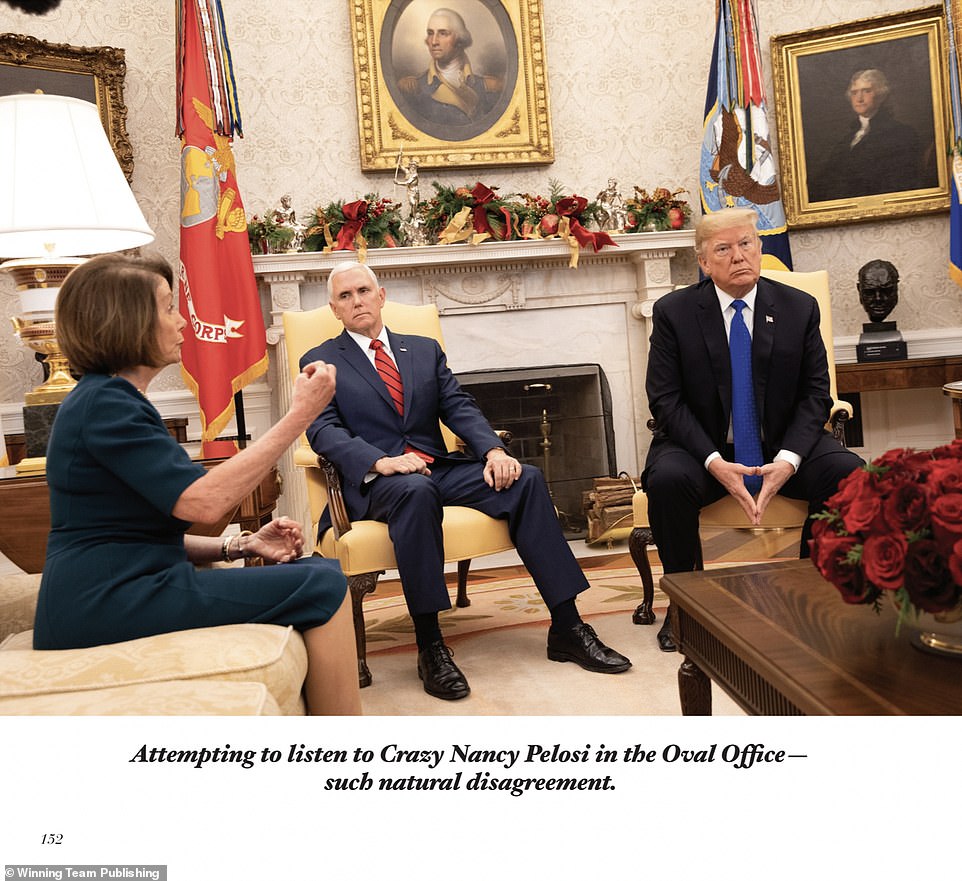 He takes aim at frequent foes including House Speaker Nancy Pelosi, who he called 'Crazy Nancy' in a caption below a 2018 Oval Office meeting