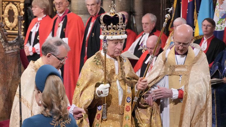King Charles III is crowned with St Edward's Crown by The Archbishop of Canterbury the Most Reverend Justin Welby during his coronation ceremony in Westminster Abbey, London. Picture date: Saturday May 6, 2023. PA Photo. See PA story ROYAL Coronation. Photo credit should read: Jonathan Brady/PA Wire