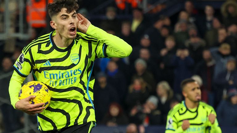 Arsenal's Kai Havertz celebrates after scoring his side's third goal (AP)